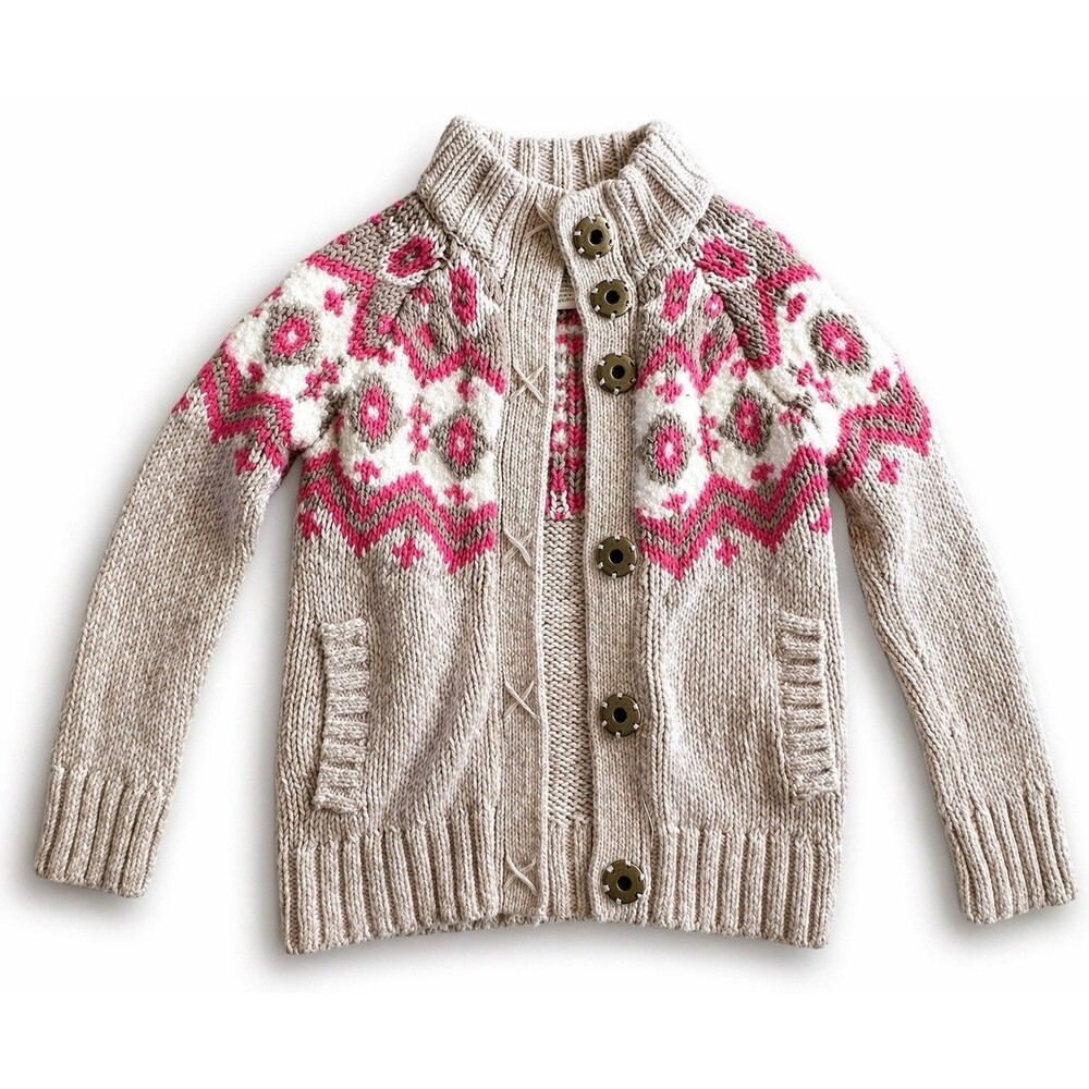 The Eagle’s Eye Girls Cardigan Sweater Fair Isle Pink Tan Button Front Size 5-6